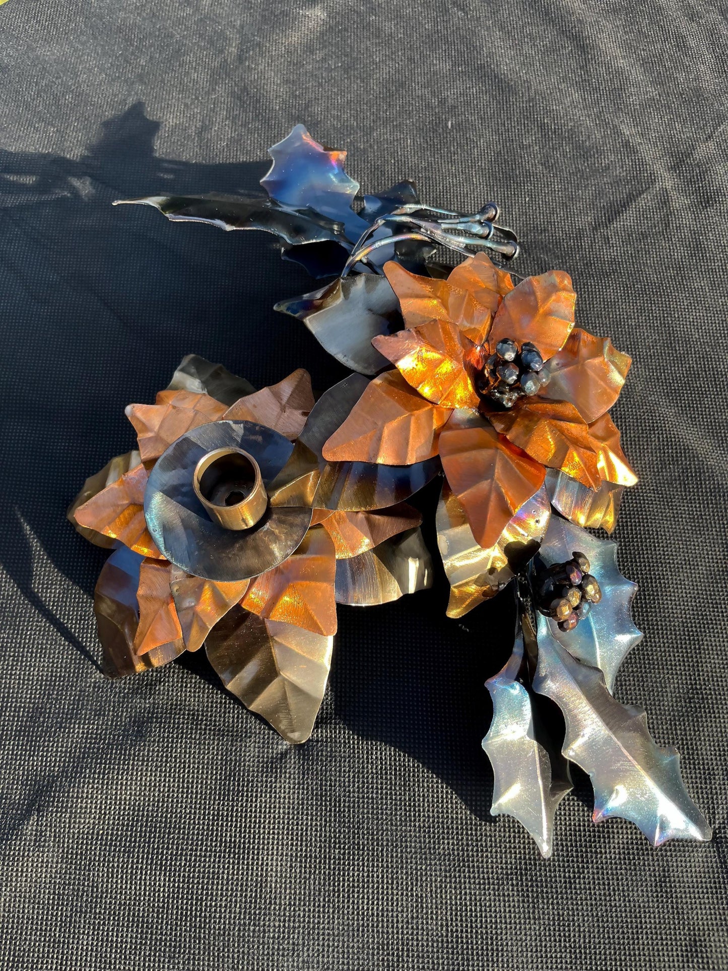 Copper Poinsettia Christmas Candle Holder Centerpiece