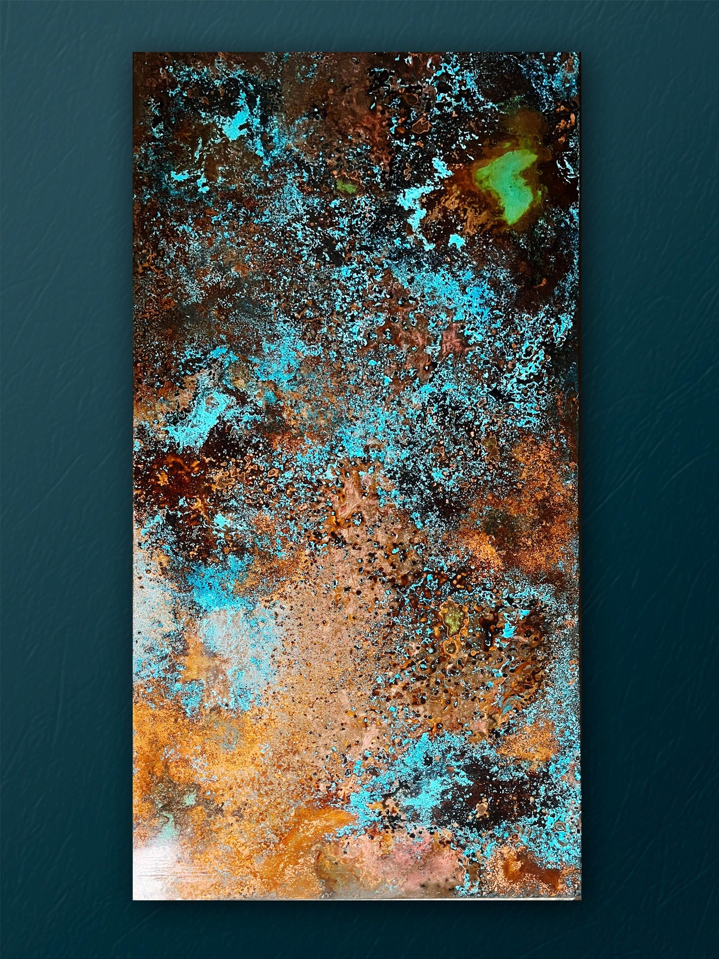 Copper Patina Abstract Wall Art Panel, Turquoise Nebula