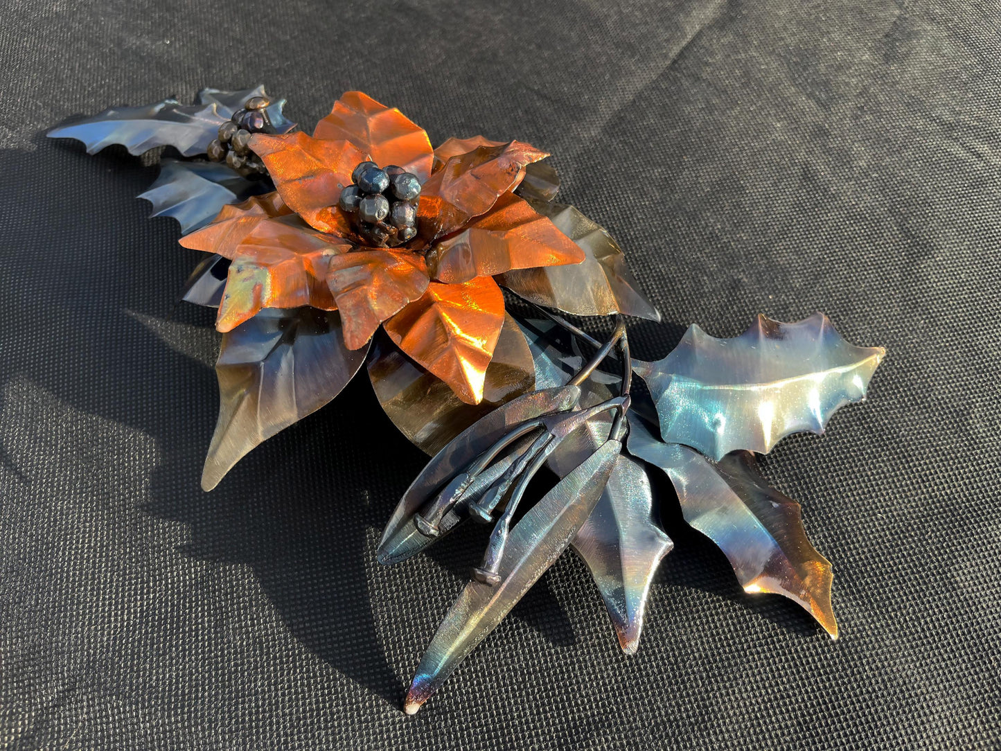 Christmas Flower Bouquet, Poinsettia, Holly, Mistletoe, Copper Table Display, Xmas Gift, Holiday Decorations.
