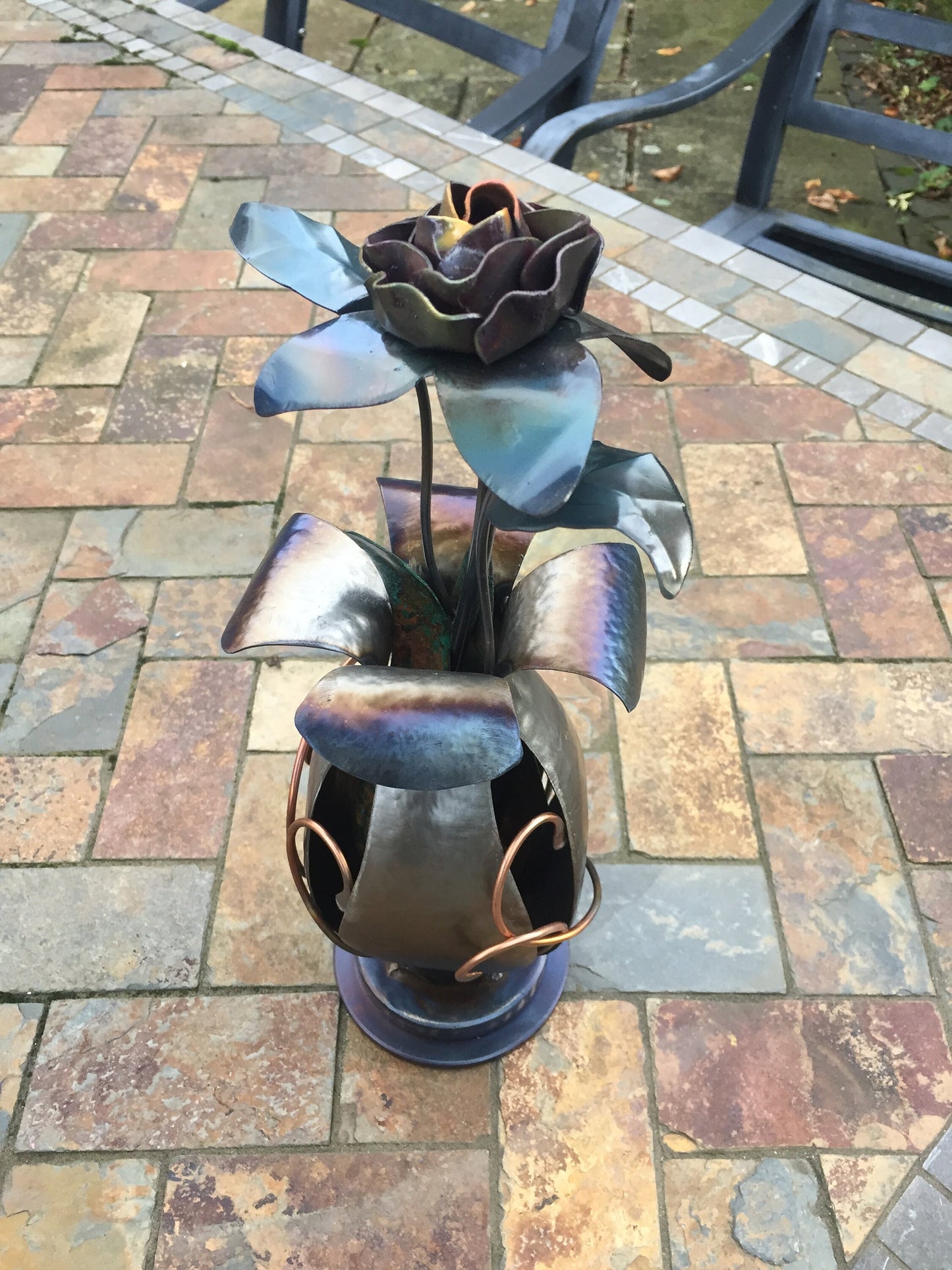 Hand-Forged Iron and Copper Vase – Table Centerpiece