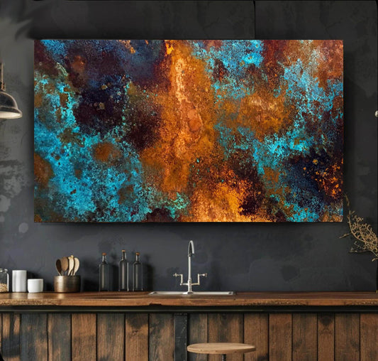 Copper Patina Abstract Wall Art Panel, Turquoise Nebula
