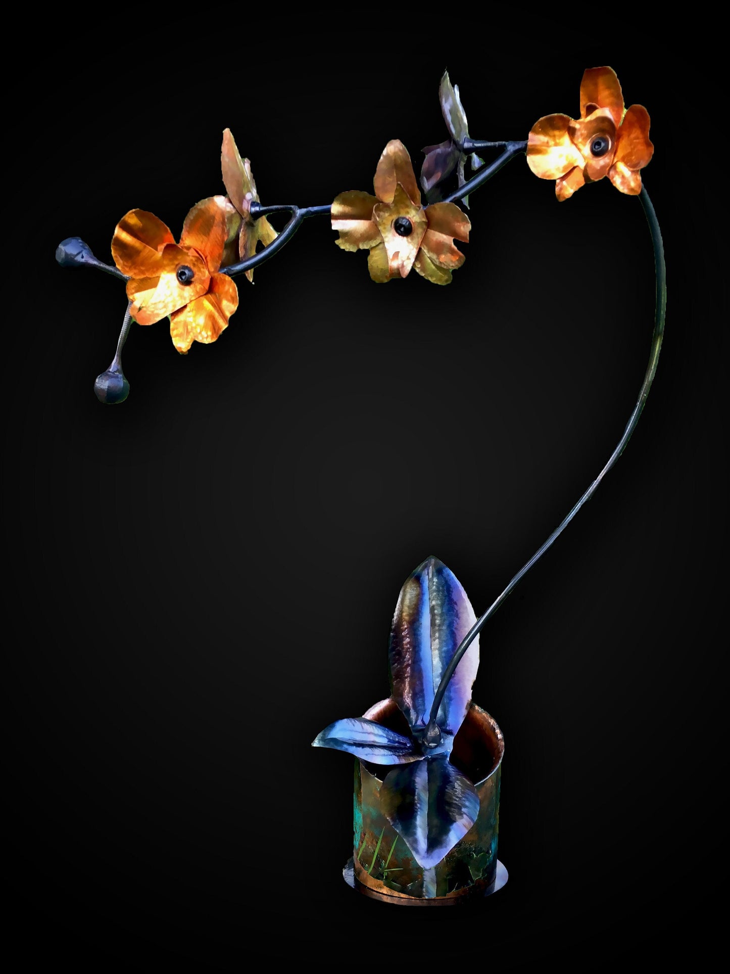 Hand Forged Iron & Copper Orchid Patina Vase, Life Size Flower, Window Display