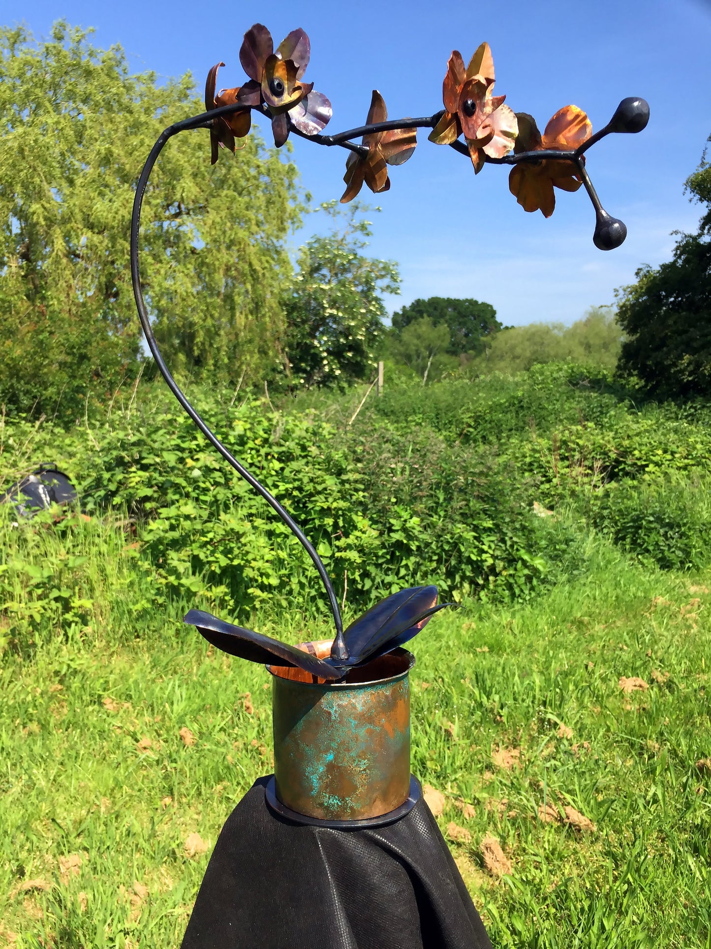 Hand Forged Iron & Copper Orchid Patina Vase, Life Size Flower, Window Display