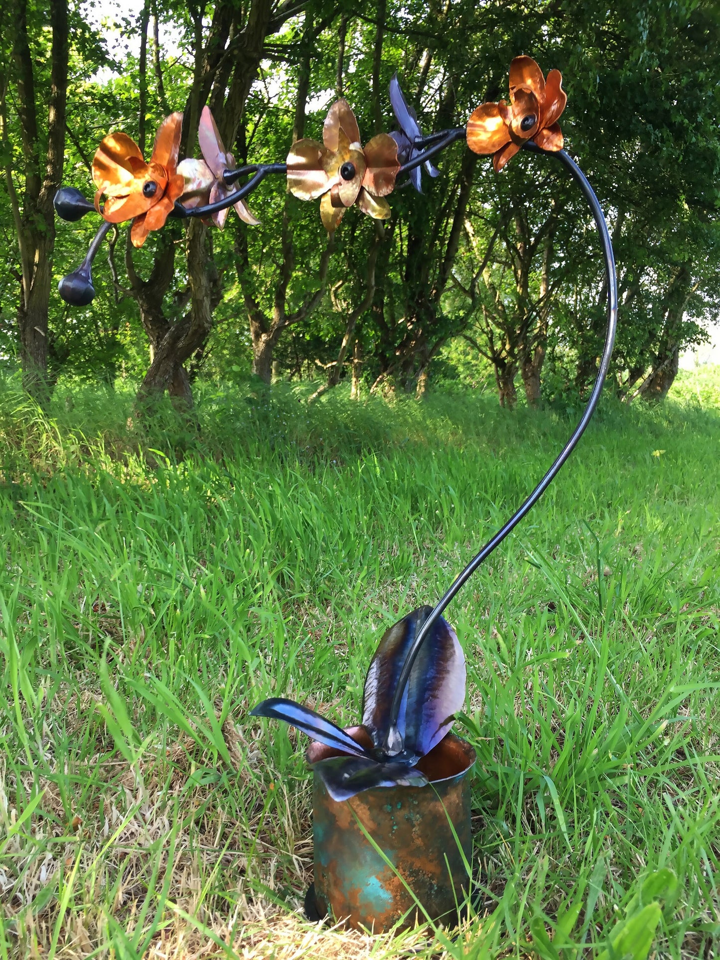 Hand Forged Iron & Copper Orchid Patina Vase, Life Size Flower, Window Display