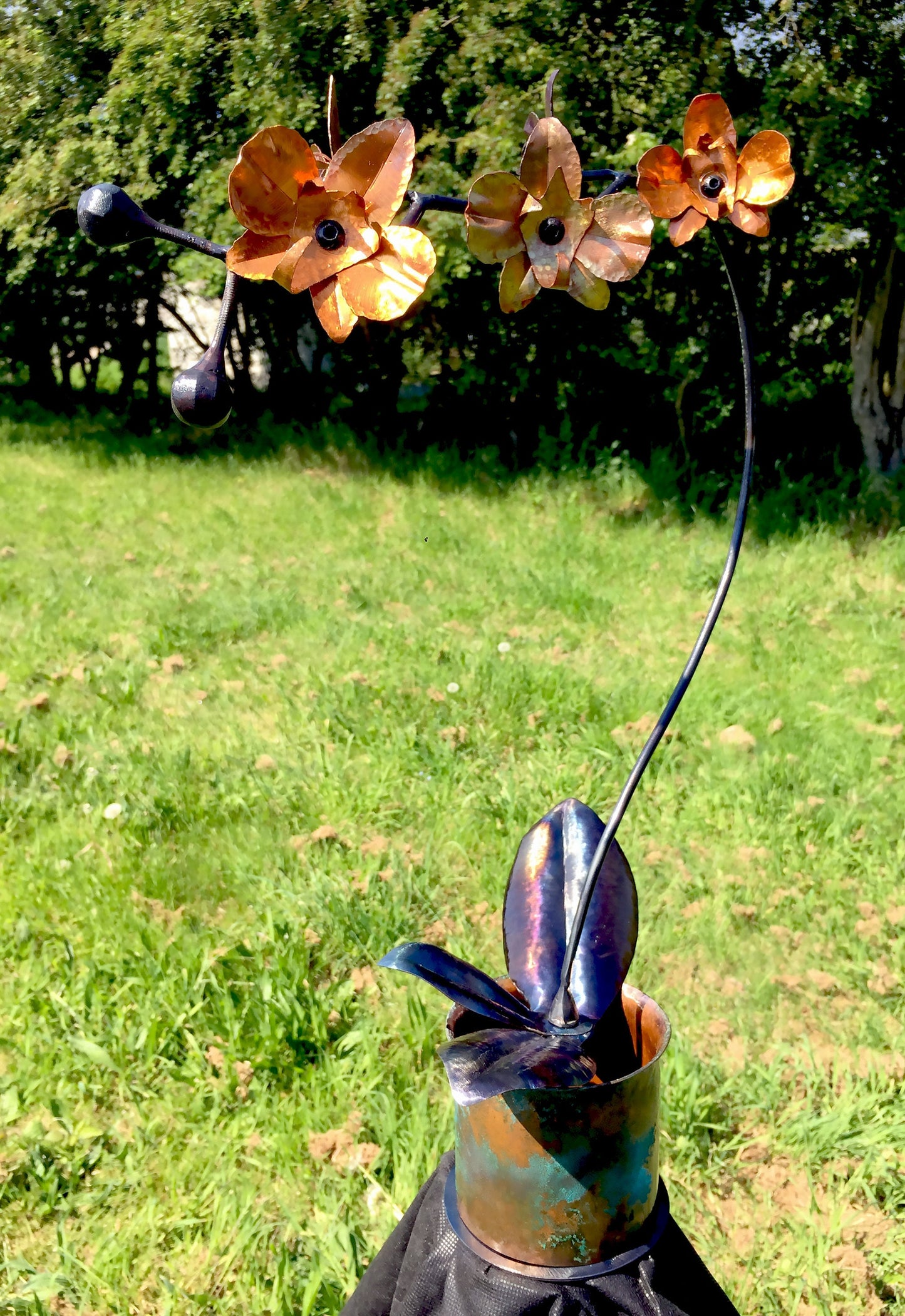 Hand Forged Iron & Copper Orchid Patina Vase, Life Size Flower, Window Display