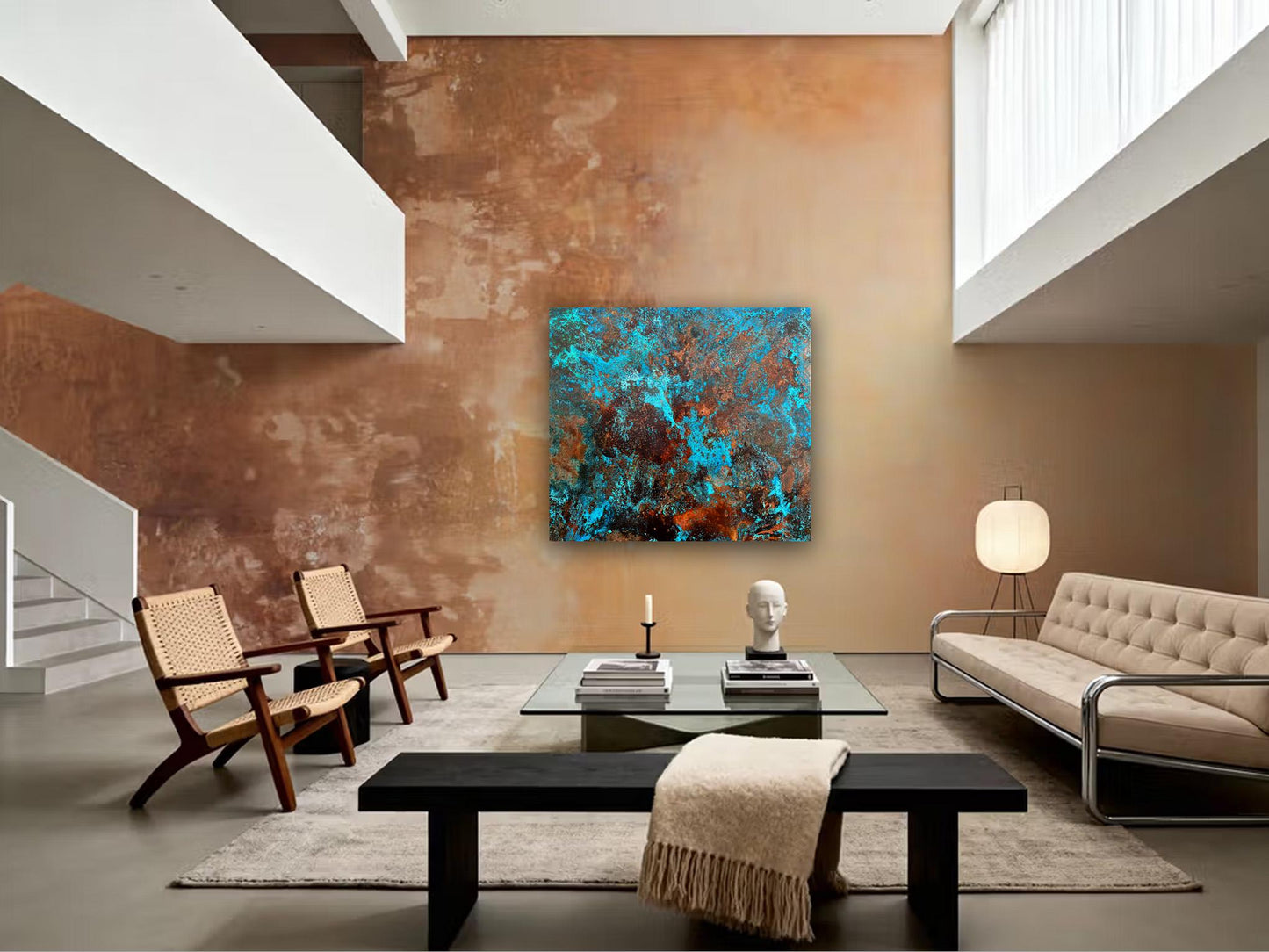 Copper Patina Abstract Wall Art Panel, Turquoise Nebula