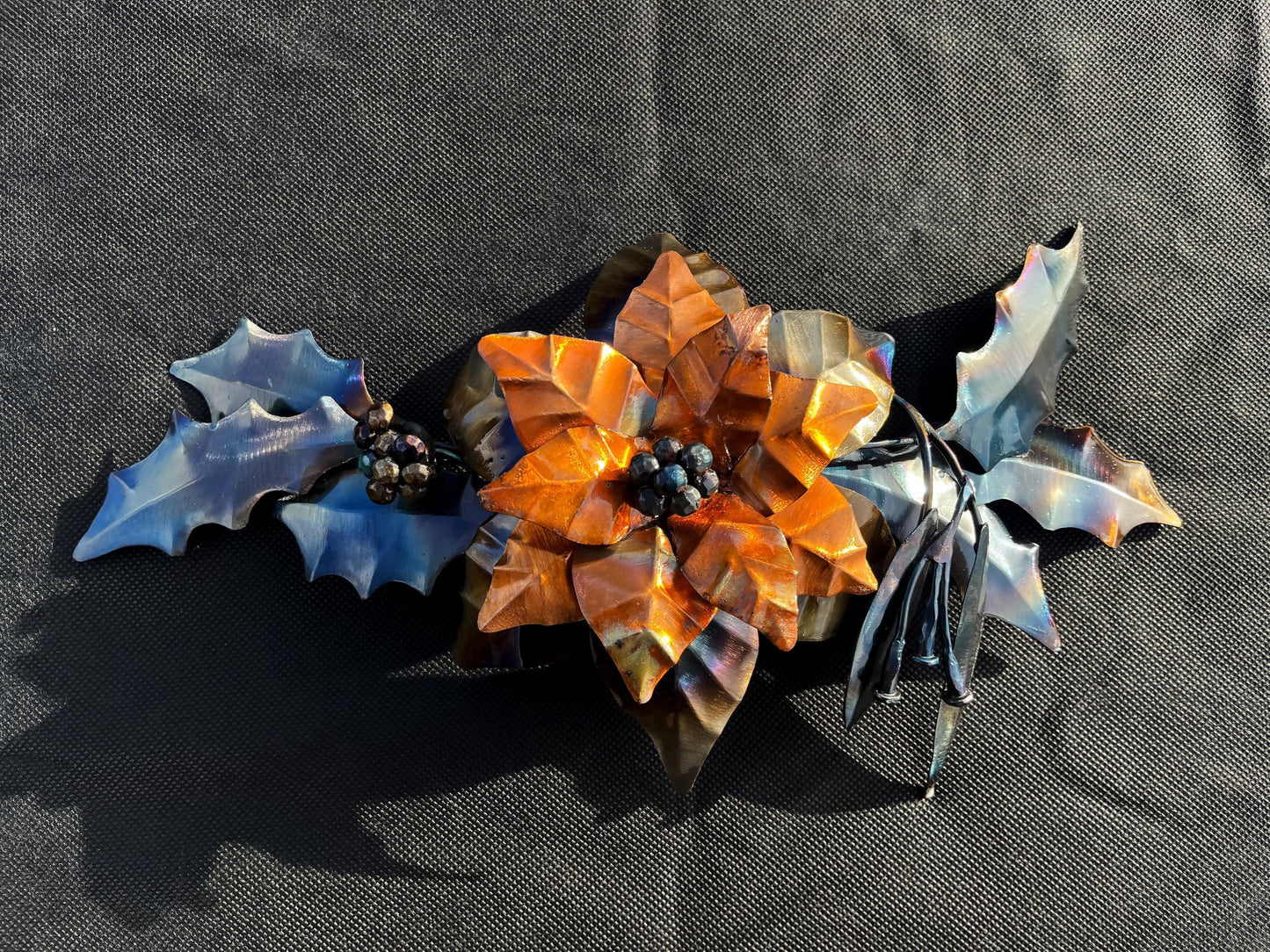 Christmas Flower Bouquet, Poinsettia, Holly, Mistletoe, Copper Table Display, Xmas Gift, Holiday Decorations.