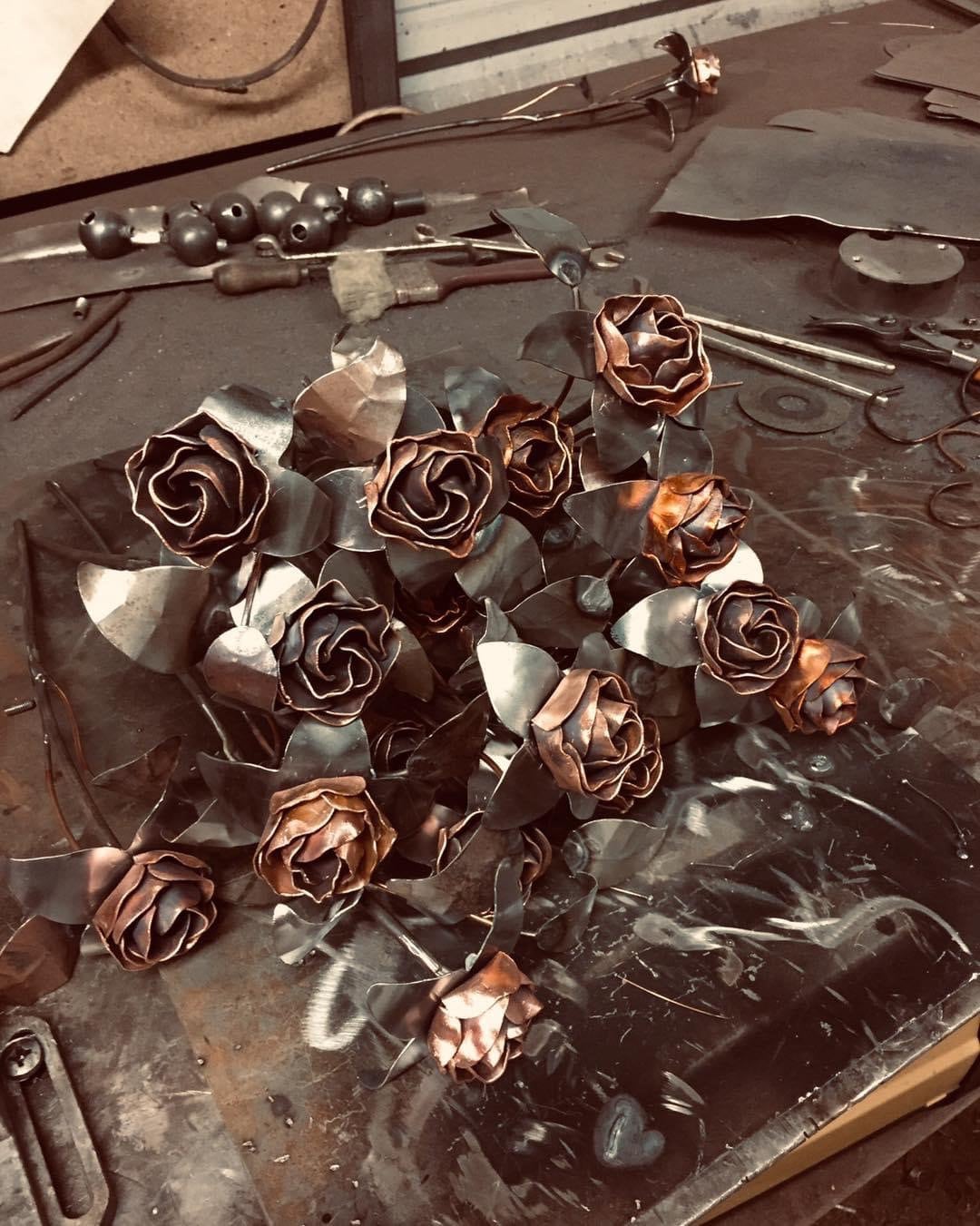 Hand Forged Copper Rose Bouquet with Iron Knot