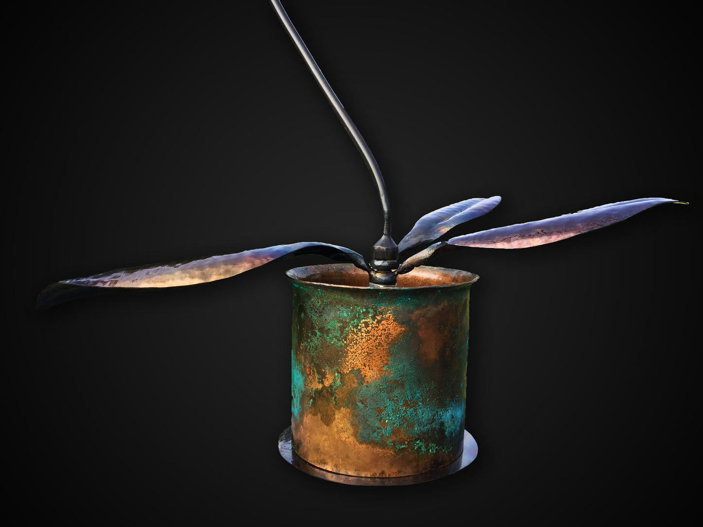 Hand Forged Iron & Copper Orchid Patina Vase, Life Size Flower, Window Display
